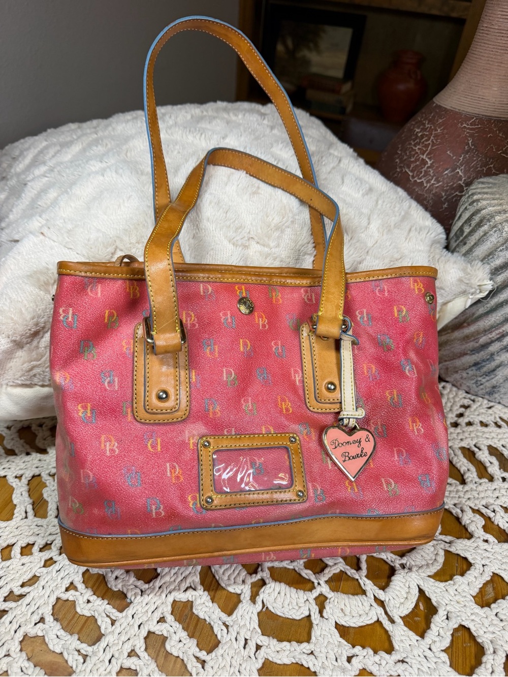 Vtg Y2K Dooney & Bourke Pink Multicolor DB Monogram Tote Heart Charm rainbow
